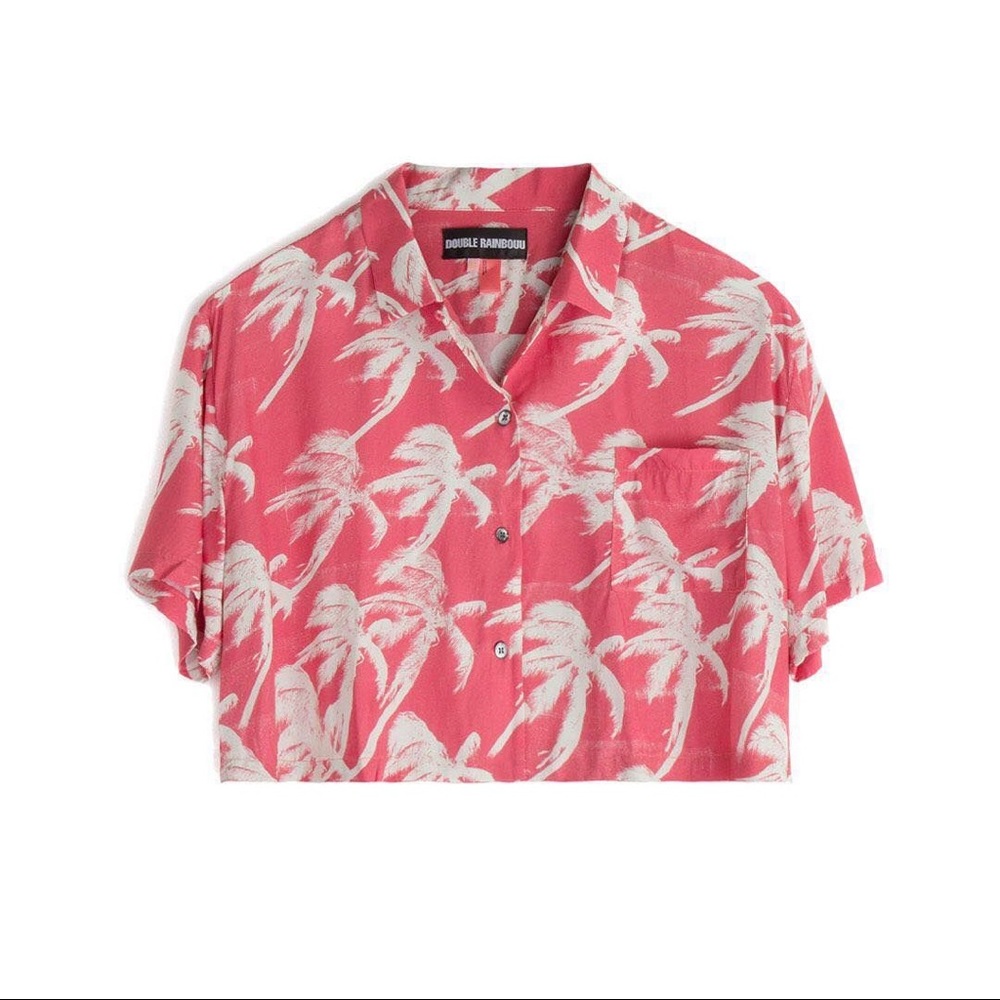 Double Rainbouu Pink Palm Print Cropped Button-Up Top
